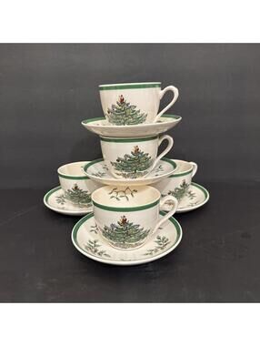 Vintage Spode England CHRISTMAS TREE 5 Cups And 5 Saucers - Set S3324 A 4